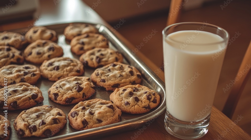 A tray of freshly baked chocolate chip cookies with a glass of milk, set on a cozy kitchen table, representing a classic, comforting dessert
