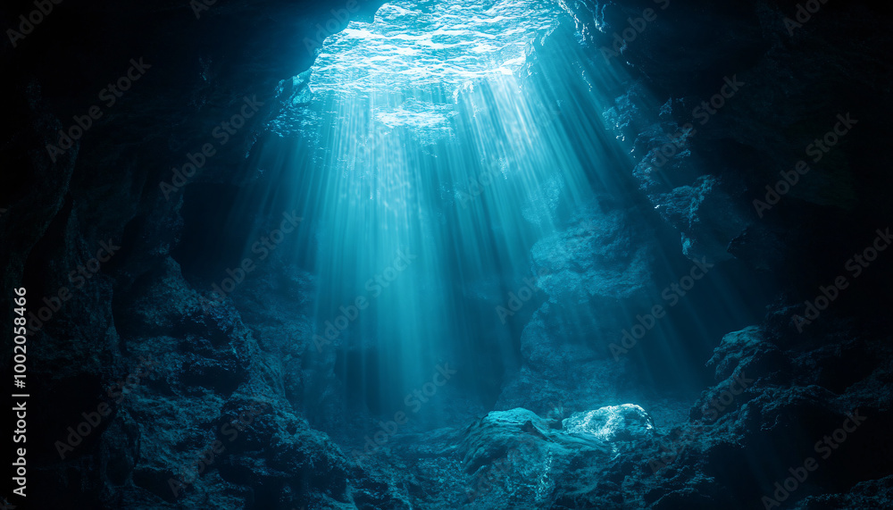 A deep, mysterious underwater cave with beams of light breaking through the water’s surface, creating an eerie and magical underwater world A deep, mysterious underwater cave with beams of light breaking through the water’s surface, creating an eerie and magical underwater world