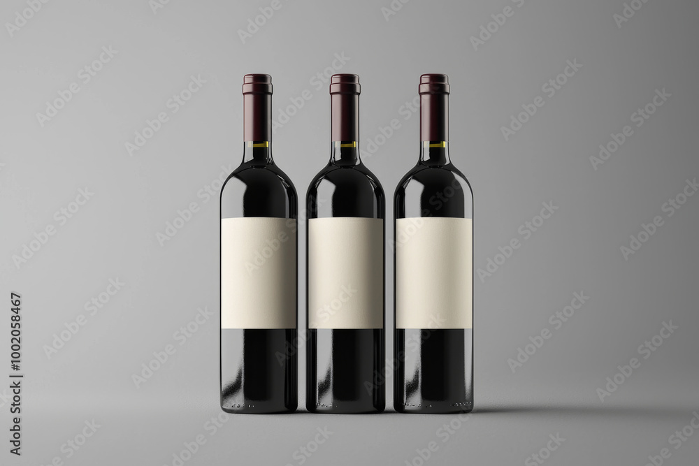 Three wine bottles with blank labels arranged on a gray background, suggesting potential branding or customization. Three wine bottles with blank labels arranged on a gray background, suggesting potential branding or customization.