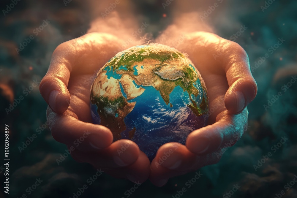 A pair of hands cupping a miniature Earth surrounded by a swirling mist A pair of hands cupping a miniature Earth surrounded by a swirling mist