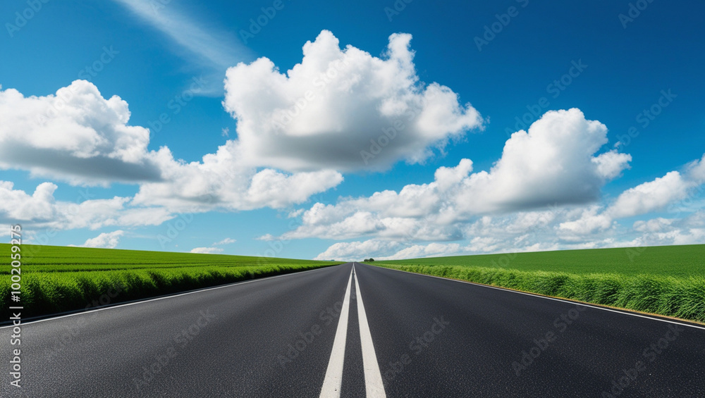 Peaceful Quiet Country Road, Asphalt road in green fields under beautiful sky stock photo Peaceful Quiet Country Road, Asphalt road in green fields under beautiful sky stock photo