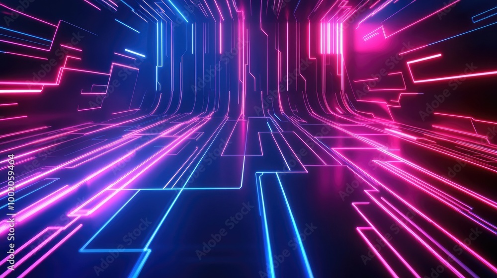 Fototapeta premium Abstract neon lines forming a geometric pattern with a 3D perspective on a dark background, giving a high-tech and futuristic feel 21b6d