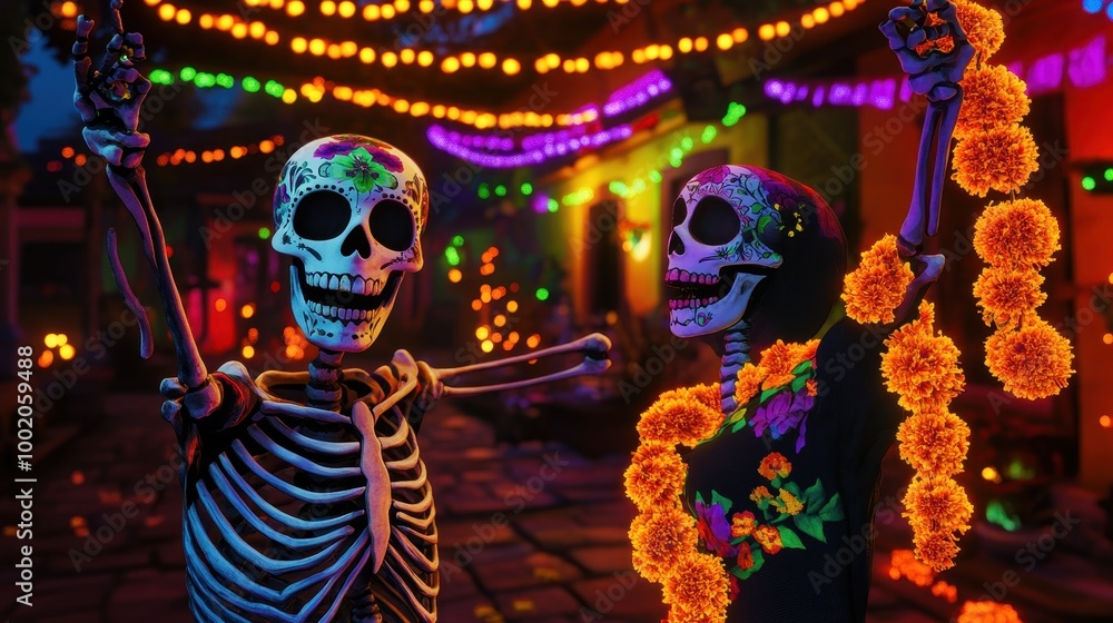 Dancing skeletons in colorful attire celebrate Day of the Dead surrounded by marigold garlands Dancing skeletons in colorful attire celebrate Day of the Dead surrounded by marigold garlands