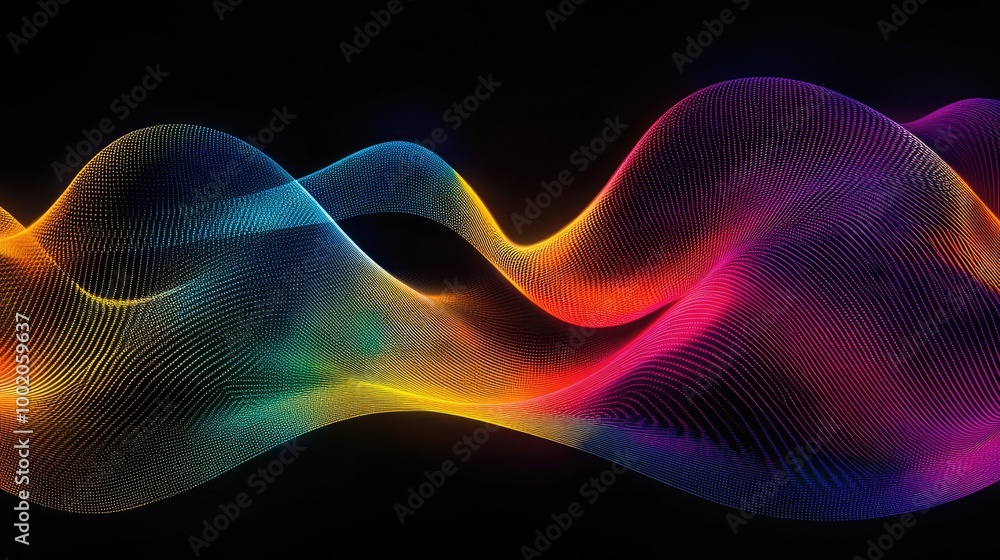 Bright, flowing abstract lines in rainbow colors on a black background, forming intricate curves and swirls, representing creativity and dynamism Bright, flowing abstract lines in rainbow colors on a black background, forming intricate curves and swirls, representing creativity and dynamism