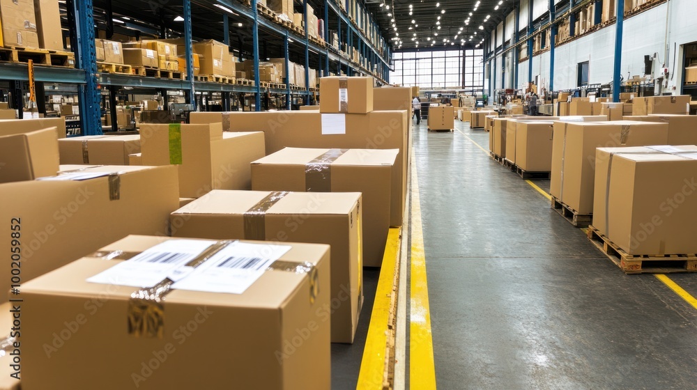 A large warehouse with rows of cardboard boxes stacked high, ready to be shipped. A large warehouse with rows of cardboard boxes stacked high, ready to be shipped.