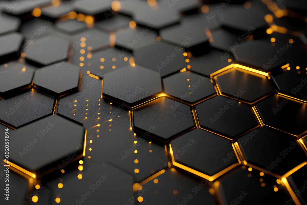 Luxury hexagonal abstract black metal background with golden light lines. Dark 3d geometric texture illustration. Bright grid pattern. Pure black horizontal banner wallpaper. Carbon elegant wedding BG Luxury hexagonal abstract black metal background with golden light lines. Dark 3d geometric texture illustration. Bright grid pattern. Pure black horizontal banner wallpaper. Carbon elegant wedding BG