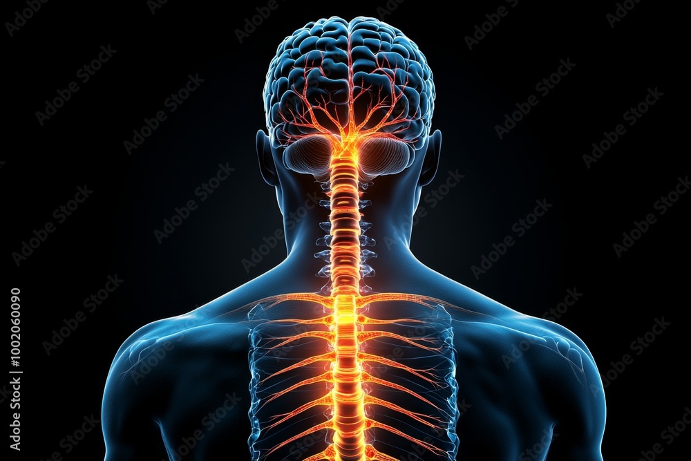 The human spinal cord’s relationship with the brain, showing how the brainstem connects to the spinal cord and sends neural signals down the body The human spinal cord’s relationship with the brain, showing how the brainstem connects to the spinal cord and sends neural signals down the body