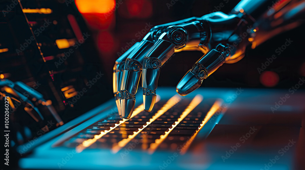 An AI robot hand touches a laptop keyboard. The concept of artificial intelligence integration, automation, and technological advancement. Generative AI. An AI robot hand touches a laptop keyboard. The concept of artificial intelligence integration, automation, and technological advancement. Generative AI.