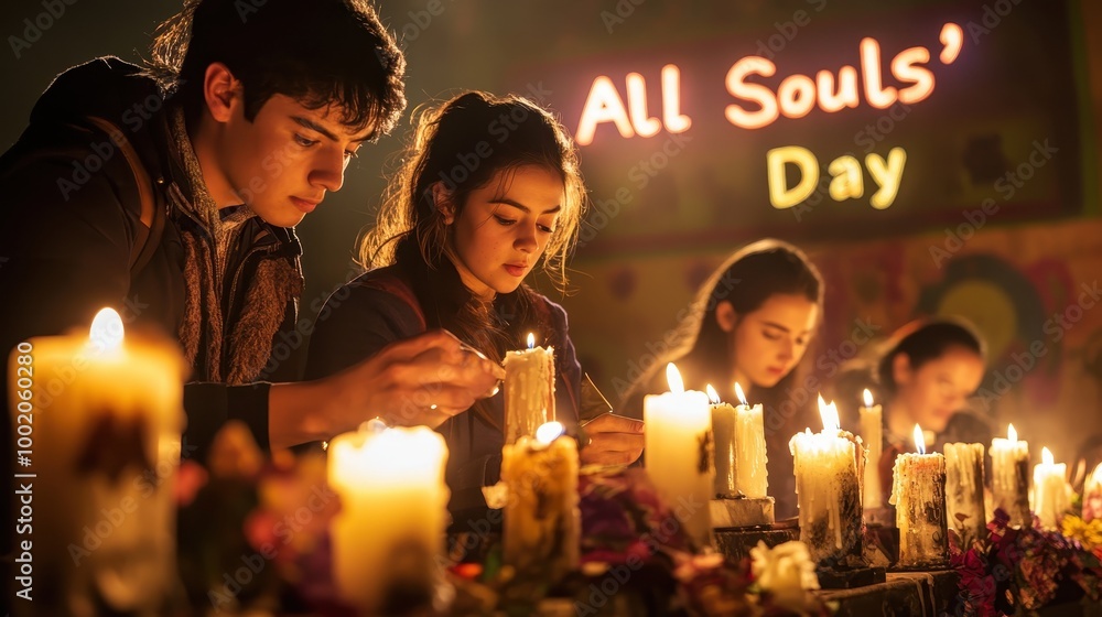 Participants are lighting candles at a colorful altar for the All Souls' Day observance Participants are lighting candles at a colorful altar for the All Souls' Day observance