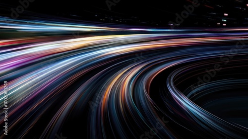 Dynamic abstract lines with motion blur in various colors, giving a sense of speed and acceleration on a dark background, great for transportation or tech projects photo