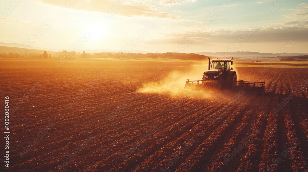 Early morning on a farm with a tractor plowing the fields under soft sunrise light, with long shadows stretching across the fertile ground Early morning on a farm with a tractor plowing the fields under soft sunrise light, with long shadows stretching across the fertile ground