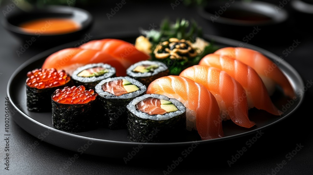 A minimalist sushi platter in a perfect circle, featuring perfectly aligned sushi rolls and sashimi, with geometric dipping sauces arranged on a sleek black plate. Minimalist, Geometric A minimalist sushi platter in a perfect circle, featuring perfectly aligned sushi rolls and sashimi, with geometric dipping sauces arranged on a sleek black plate. Minimalist, Geometric