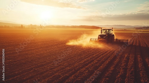 Early morning on a farm with a tractor plowing the fields under soft sunrise light, with long shadows stretching across the fertile ground