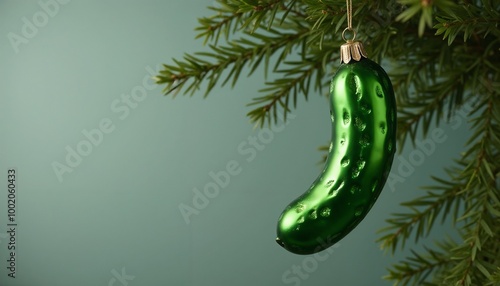 Christmas pickle ornament hanging on a pine tree branch with a green background
