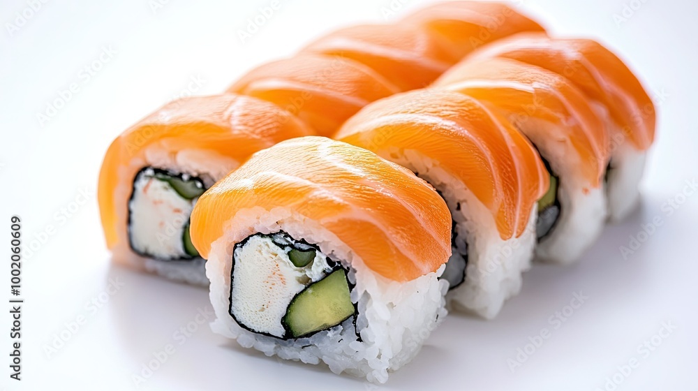 Iconic sushi roll with salmon and rice, placed on a clean white background, representing Japanese cuisine. Iconic sushi roll with salmon and rice, placed on a clean white background, representing Japanese cuisine.