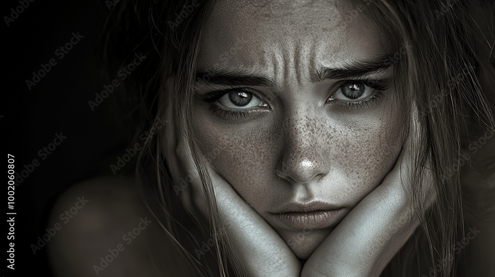 Portrait of a beautiful brunette woman with dark eyes and glamorous makeup, expressing a sadness Portrait of a beautiful brunette woman with dark eyes and glamorous makeup, expressing a sadness