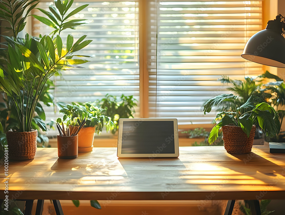 Fototapeta premium Cozy workspace with plants, sunlight streaming through blinds, creating a warm and inviting atmosphere.