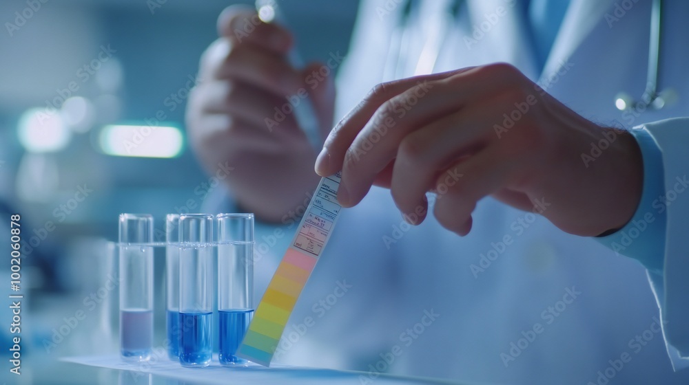 A closeup of a doctor comparing a pH strip to a color chart to