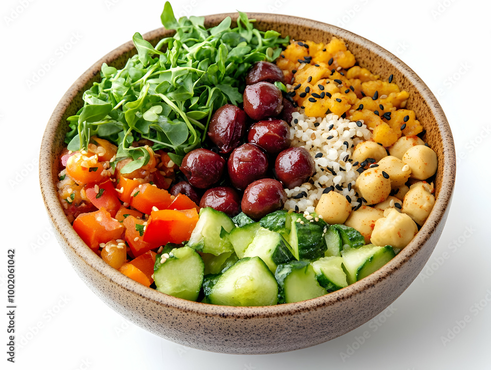 A vibrant bowl of fresh vegetables, grains, and legumes, beautifully arranged for a healthy meal on a white background. A vibrant bowl of fresh vegetables, grains, and legumes, beautifully arranged for a healthy meal on a white background.