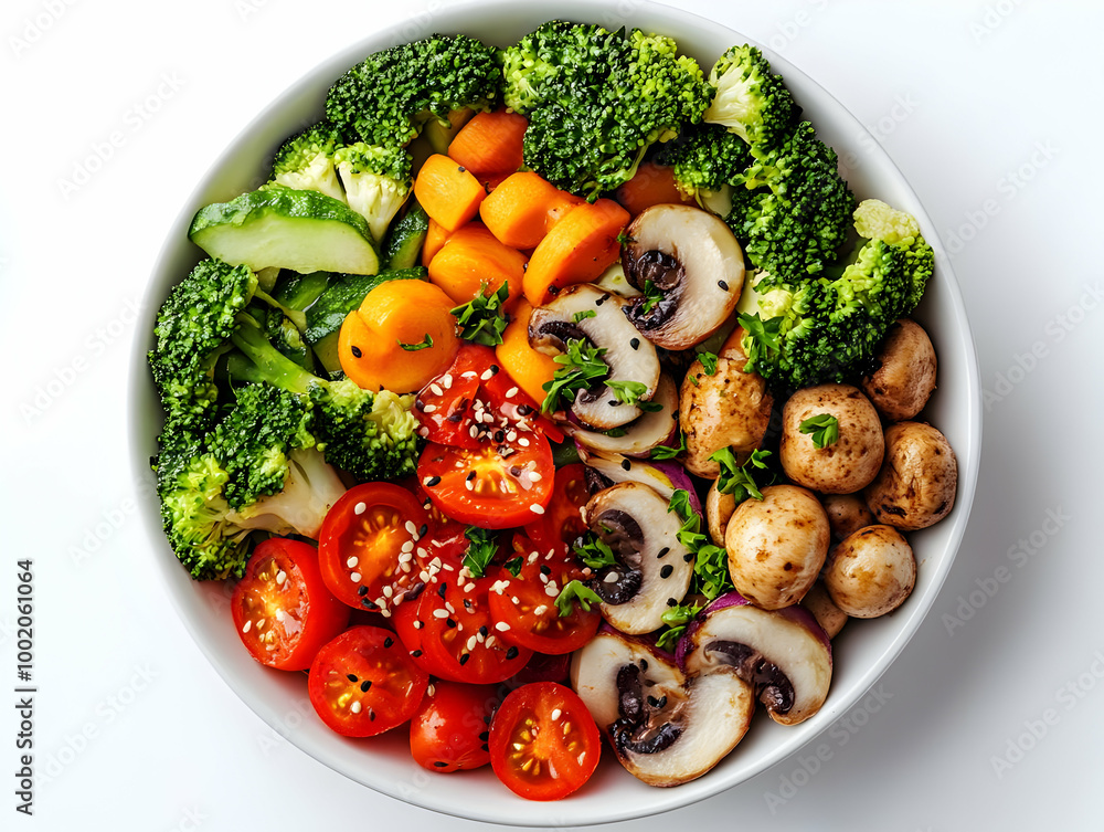 A vibrant bowl of fresh vegetables including broccoli, mushrooms, tomatoes, and carrots, perfect for healthy eating. A vibrant bowl of fresh vegetables including broccoli, mushrooms, tomatoes, and carrots, perfect for healthy eating.