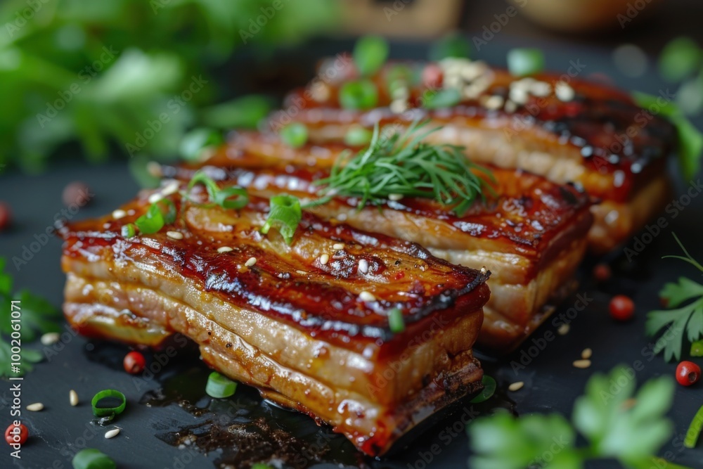 Glazed barbecue ribs garnished with herbs and sesame seeds, delivering a savory and flavorful BBQ experience Glazed barbecue ribs garnished with herbs and sesame seeds, delivering a savory and flavorful BBQ experience