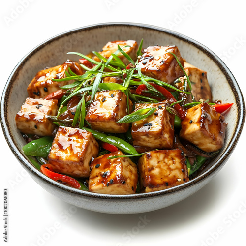 Delicious tofu dish garnished with fresh herbs, colorful peppers, and greens served in a bowl.