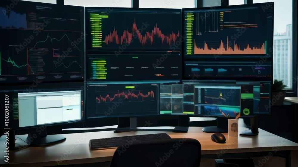 Intensely analyzing financial data in a dimly lit office, a stock market broker uses technology to seek investment opportunities Intensely analyzing financial data in a dimly lit office, a stock market broker uses technology to seek investment opportunities