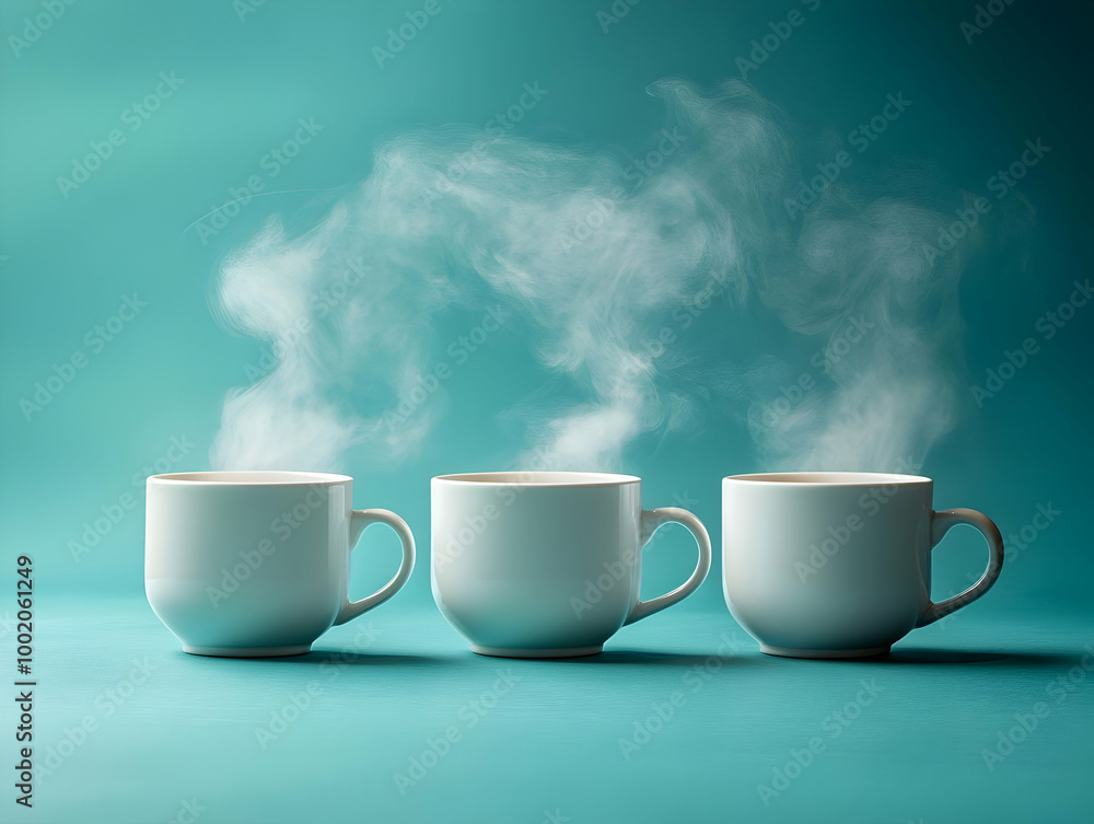 Three steaming white cups against a turquoise background, perfect for cafe or beverage themes. Three steaming white cups against a turquoise background, perfect for cafe or beverage themes.
