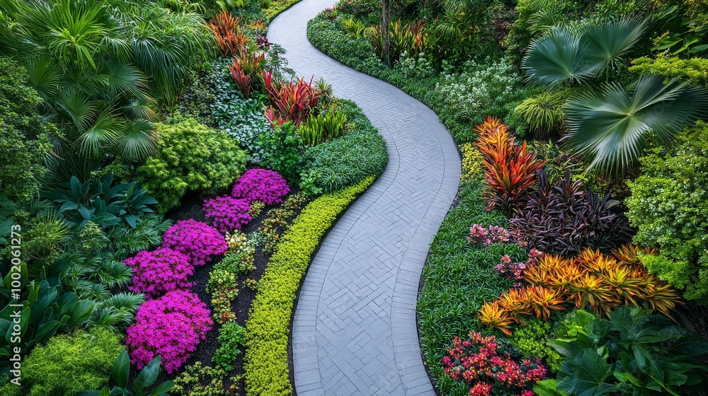 Fototapeta premium A pathway winding in a perfect circle through a garden of rare plants, tropical blooms, and delicate vines, in a serene and colorful botanical setting