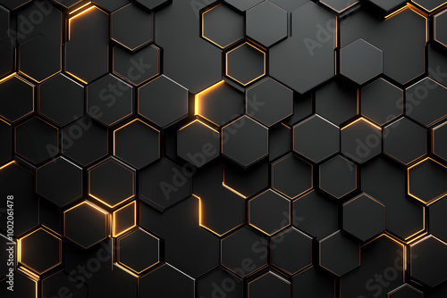 Luxury hexagonal abstract black metal background with golden light lines. Dark 3d geometric texture illustration. Bright grid pattern. Pure black horizontal banner wallpaper. Carbon elegant wedding BG