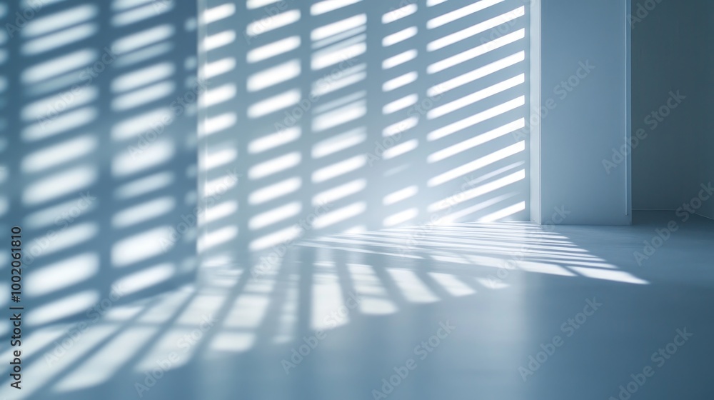 Sleek beams of light shining through the slats of a window, casting soft, linear shadows on a modern, minimalist room interior Sleek beams of light shining through the slats of a window, casting soft, linear shadows on a modern, minimalist room interior