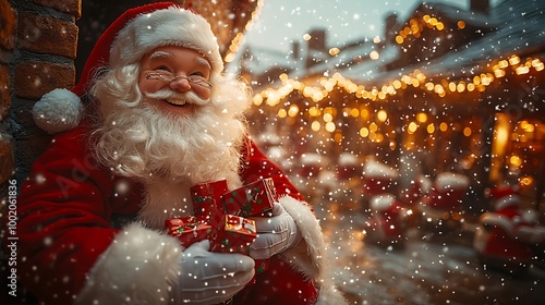 Santa Claus smiling as he drops presents down a chimney, with twinkling lights decorating the rooftop, snowflakes falling, cute cartoon style, vibrant holiday colors, cozy and joyful winter night,