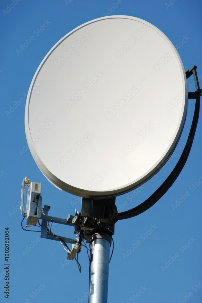 A large satellite dish mounted on a pole against a clear blue sky. A large satellite dish mounted on a pole against a clear blue sky.