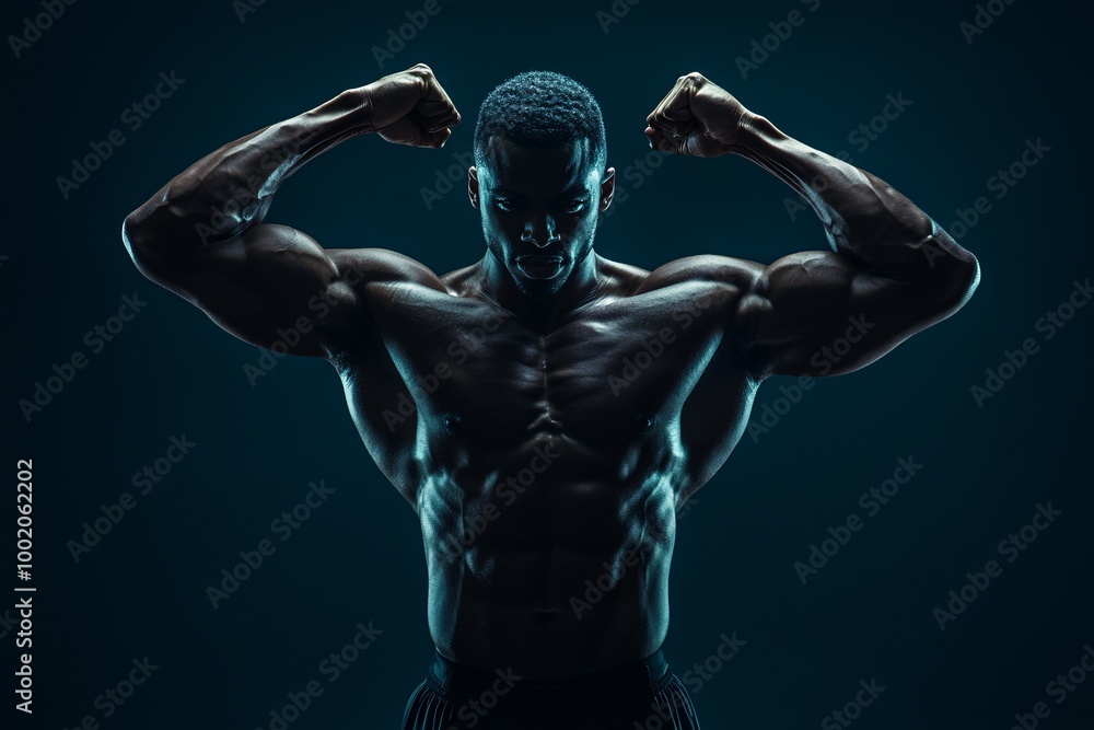 Obraz premium A powerful athlete showcases impressive strength with a striking pose that highlights their defined muscles.