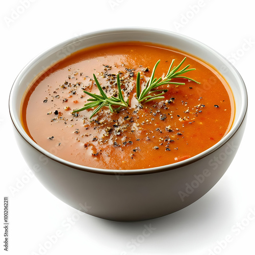 A delicious bowl of tomato soup garnished with fresh herbs and spices, perfect for warming up on a chilly day.