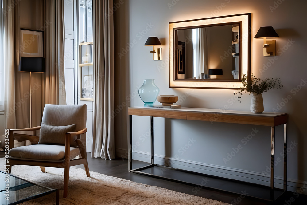 An elegant interior featuring a wooden chair and a sleek console table, accented by chic decor An elegant interior featuring a wooden chair and a sleek console table, accented by chic decor