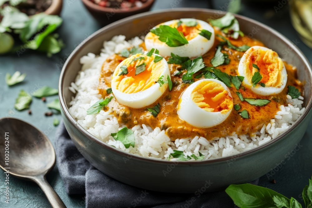 Delicious spicy Indian egg curry served over rice and vegetables. Delicious spicy Indian egg curry served over rice and vegetables.