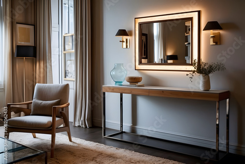 An elegant interior featuring a wooden chair and a sleek console table, accented by chic decor