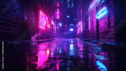 Sleek neon lights illuminating a dark urban alleyway, casting vibrant reflections on wet pavement and evoking the energy of a bustling city