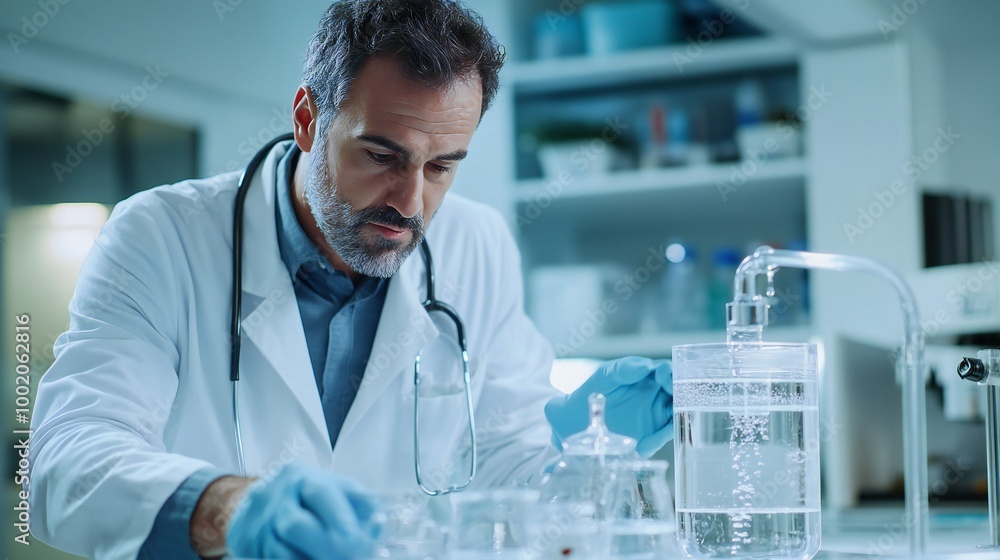 A front view of a doctor analyzing the effectiveness of an urban water filter, comparing before and after samples A front view of a doctor analyzing the effectiveness of an urban water filter, comparing before and after samples