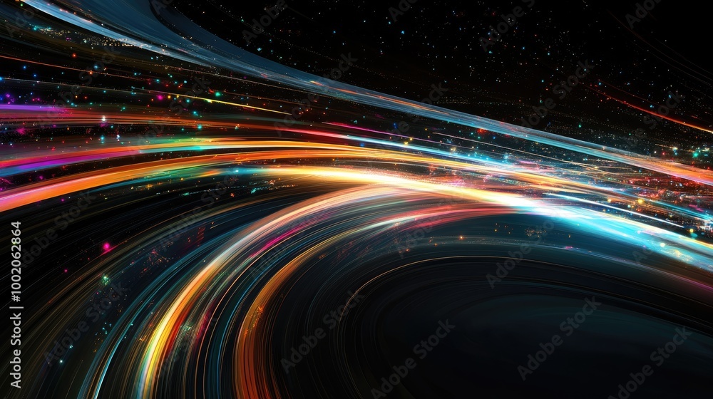 Sleek streaks of multicolored light bending and twisting through a dark background, evoking futuristic energy and digital motion Sleek streaks of multicolored light bending and twisting through a dark background, evoking futuristic energy and digital motion