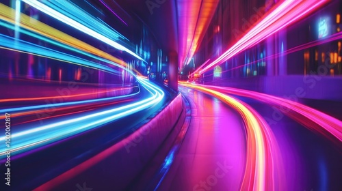 Sleek streaks of light in various neon colors, zipping across a dark urban environment, evoking speed, motion, and the energy of city life