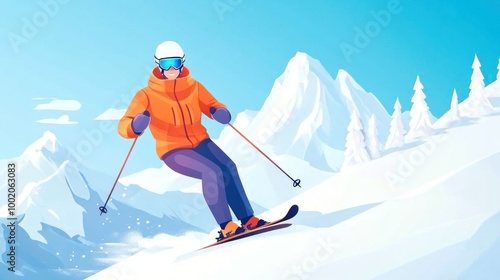 Illustration of a person skiing down a snowy mountain slope with clear blue skies and towering mountains in the backdrop.