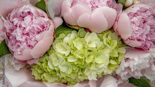 Fototapeta Naklejka Na Ścianę i Meble -  A soft pastel bouquet of pink peonies and green hydrangeas wrapped in light pink tissue paper, realistic photo