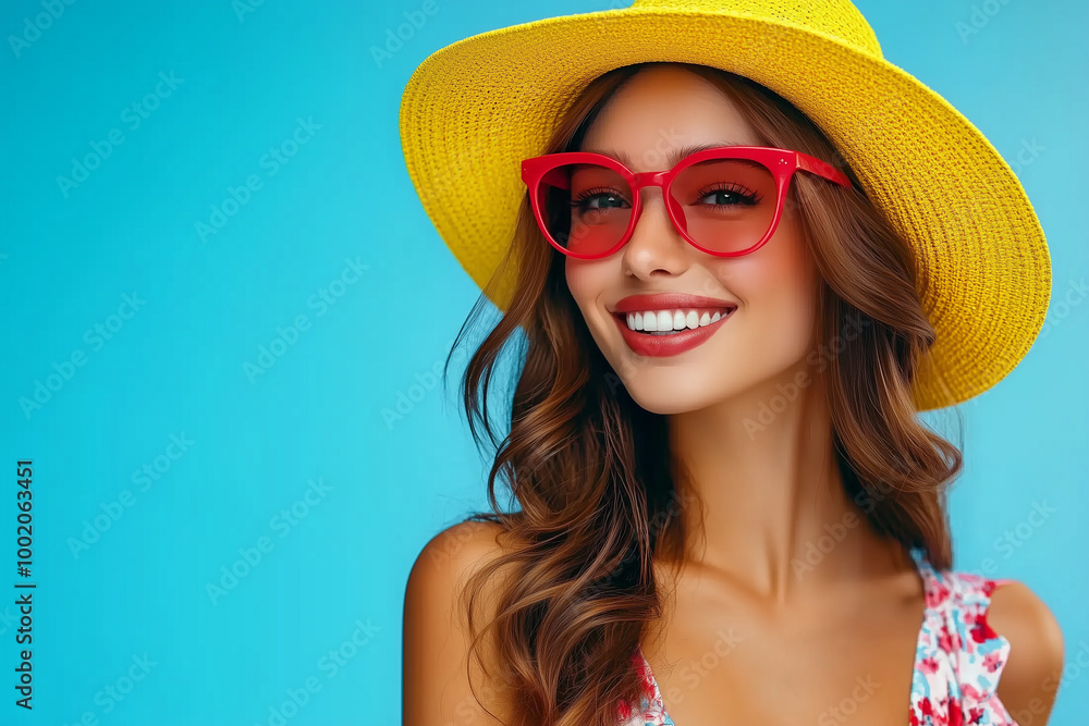 Happy Girl in Casual Summer Clothes. Light Blue Background, Red Glasses, Yellow Hat Happy Girl in Casual Summer Clothes. Light Blue Background, Red Glasses, Yellow Hat