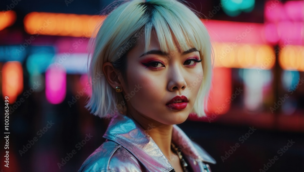 Young woman in makeup with short hair, styled fashion in a moody neon-lit city background Young woman in makeup with short hair, styled fashion in a moody neon-lit city background