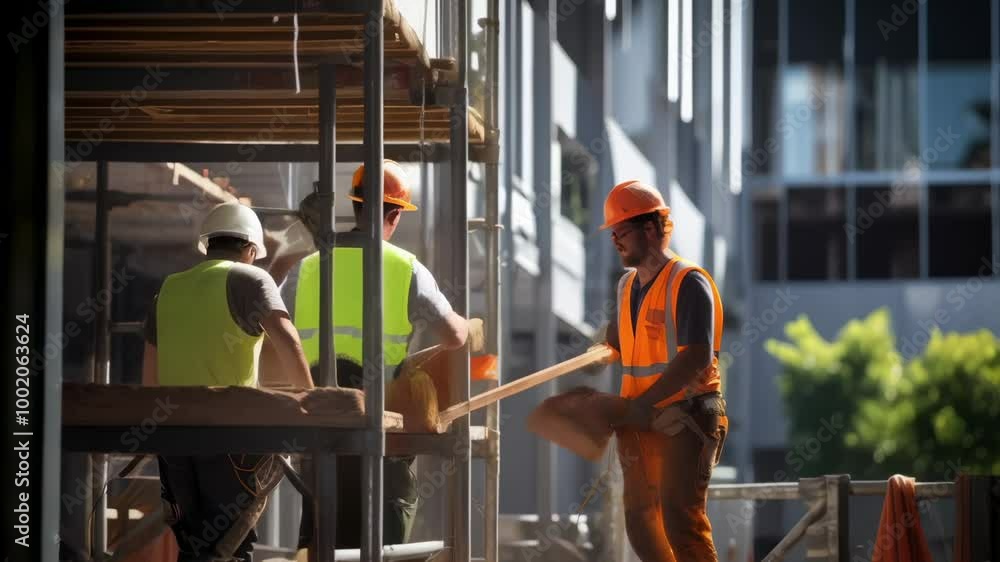 Construction workers in hard hats and safety vests collaborate on a bustling site under the sun, showcasing teamwork in urban development Construction workers in hard hats and safety vests collaborate on a bustling site under the sun, showcasing teamwork in urban development