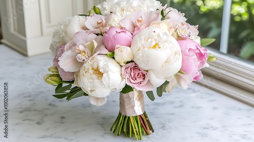 Fototapeta Naklejka Na Ścianę i Meble -  A luxurious bouquet of white orchids and pink peonies tied with a satin ribbon, placed in a sunlit room, realistic photo