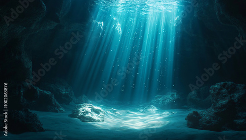 A deep, mysterious underwater cave with beams of light breaking through the water’s surface, creating an eerie and magical underwater world