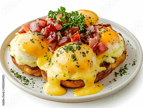 Delicious breakfast plate featuring eggs benedict topped with ham, herbs, and creamy hollandaise sauce.